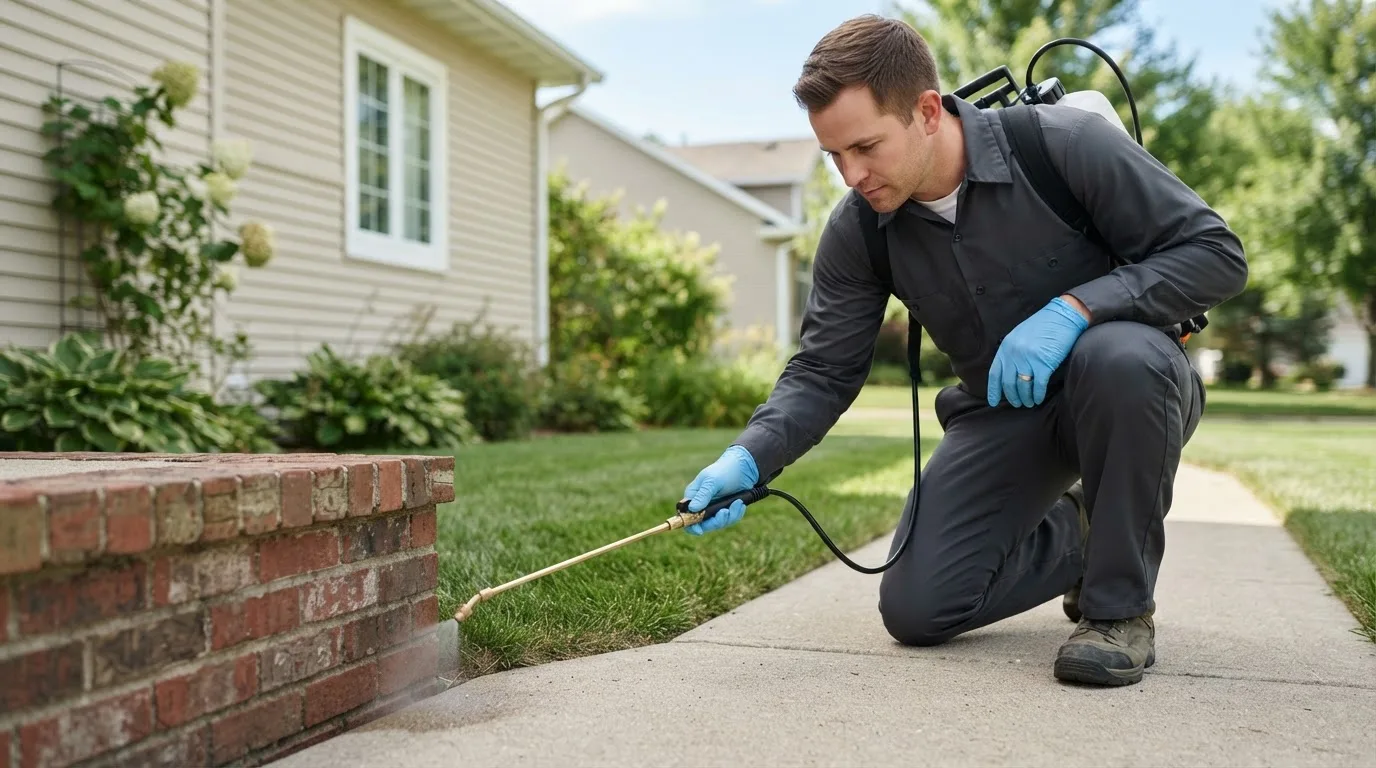 Pest control technician treating a home near Sebring, OH